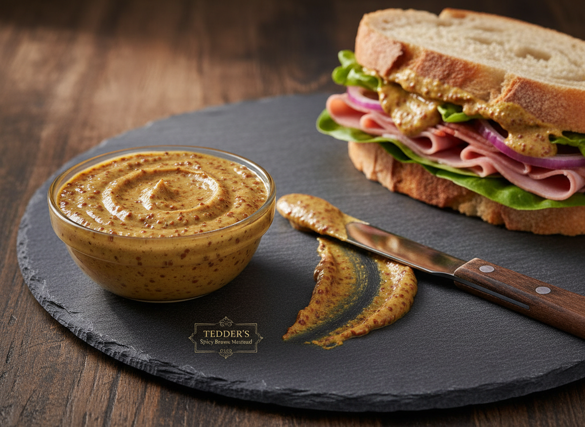 A gourmet sandwich scene on a slate-gray plate atop a dark wooden table, with Tedder’s spicy brown mustard as the clear star. In the foreground, a small glass bowl brimming with the mustard shows visible brown seeds and a velvety, golden-brown body, with a fine sheen from studio lighting. A knife rests nearby, its blade lightly coated, leaving a purposeful smear on the plate. The sandwich, slightly out of focus in the background, is sliced diagonally with a bold stripe of mustard visible between layers of fresh bread and fillings. Neutral, controlled studio lighting from above and slightly behind creates refined highlights and soft shadows, giving a polished, professional food photography look. The mood is bold yet elegant, emphasizing the mustard’s signature kick as an essential finishing touch.