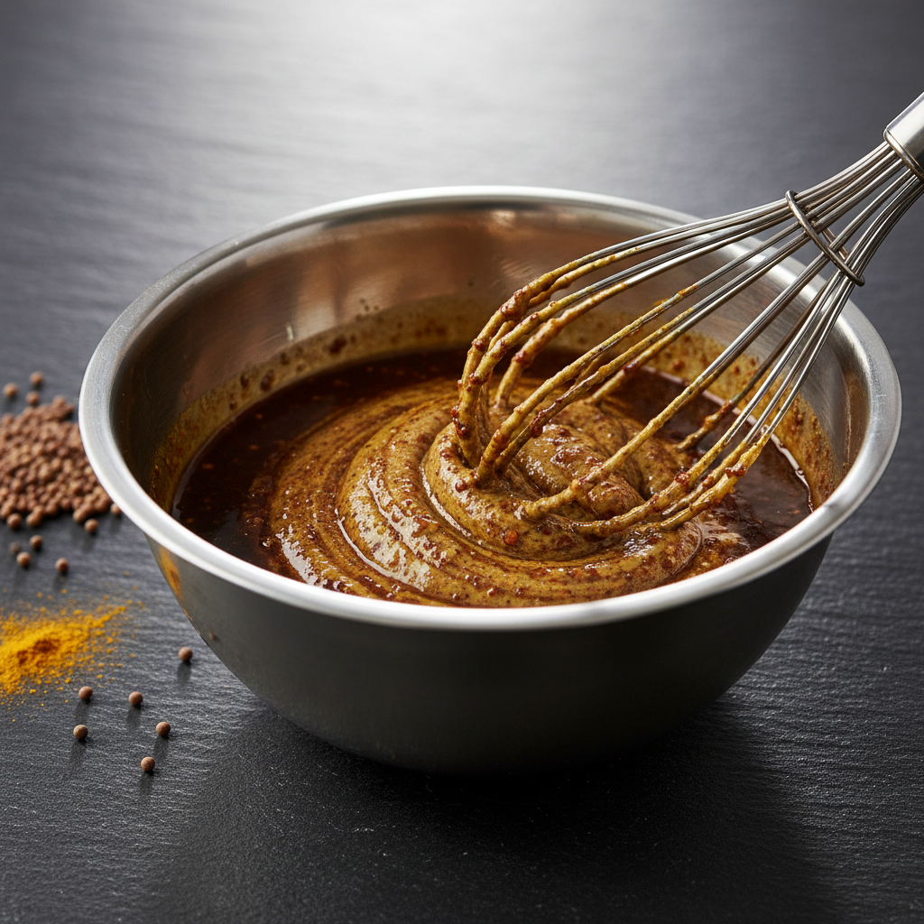 A dramatic close-up of Tedder’s spicy brown mustard being whisked into a glossy marinade in a brushed stainless steel mixing bowl. The mustard’s thick, grainy texture and golden-brown color swirl together with visible streaks of spices and a hint of turmeric yellow, captured mid-motion. The bowl rests on a dark, textured kitchen countertop, with a small cluster of whole brown mustard seeds and a pinch of turmeric powder scattered nearby as subtle context. Focused, directional studio lighting from above and slightly behind creates dynamic reflections on the metal bowl and luminous highlights on the surface of the mixture. Shot with a shallow depth of field and tight framing for photographic realism, the mood is bold, energetic, and professional, emphasizing the mustard’s versatility and its role in creating powerful, flavor-packed recipes.